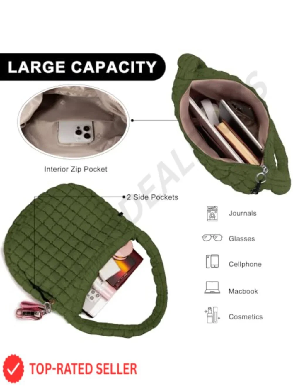 Large Quilted Puffer Tote Bag Lightweight Nylon Carryall Crossbody with Makeup